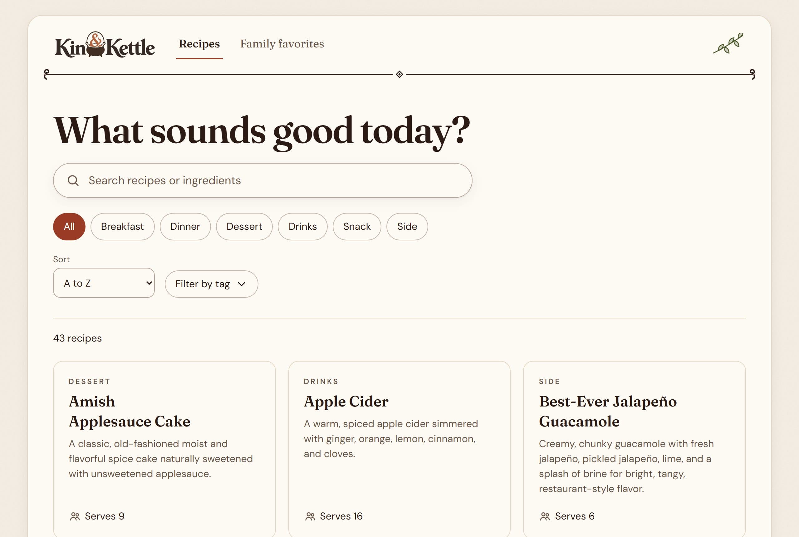 A family’s recipe collection in Kin & Kettle: search, categories and recipe cards