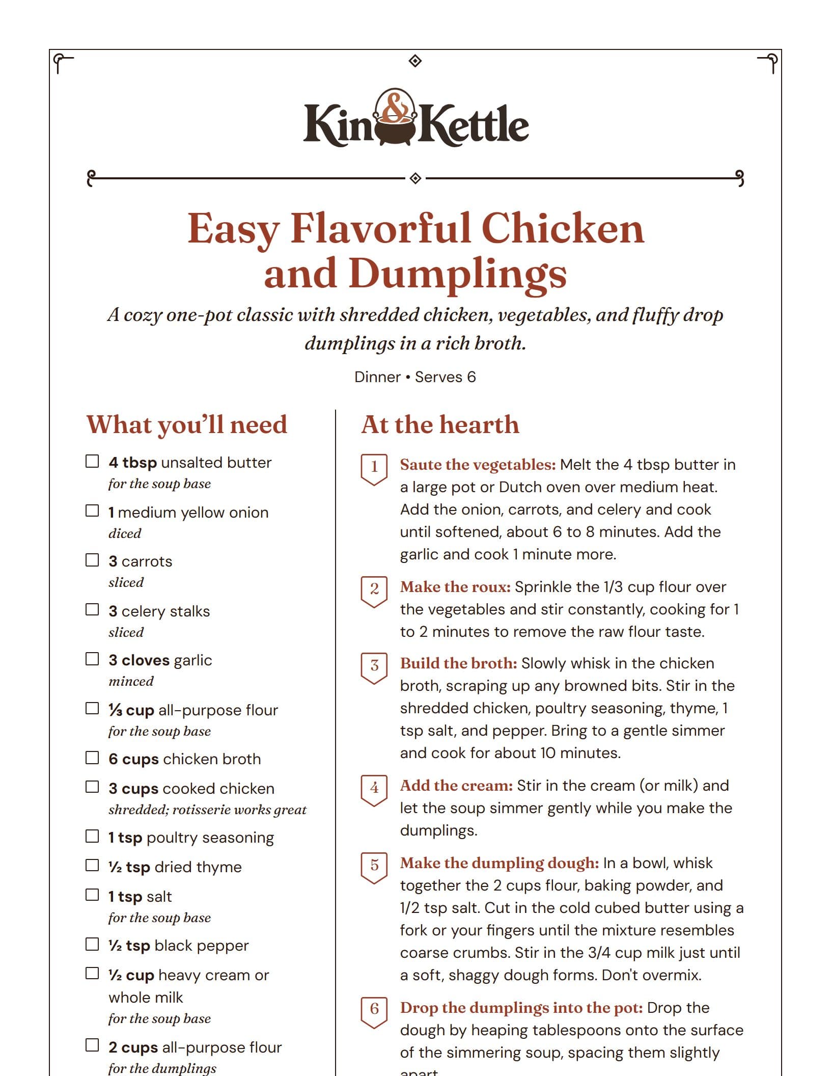 A printed recipe card with a framed border, ingredients and steps