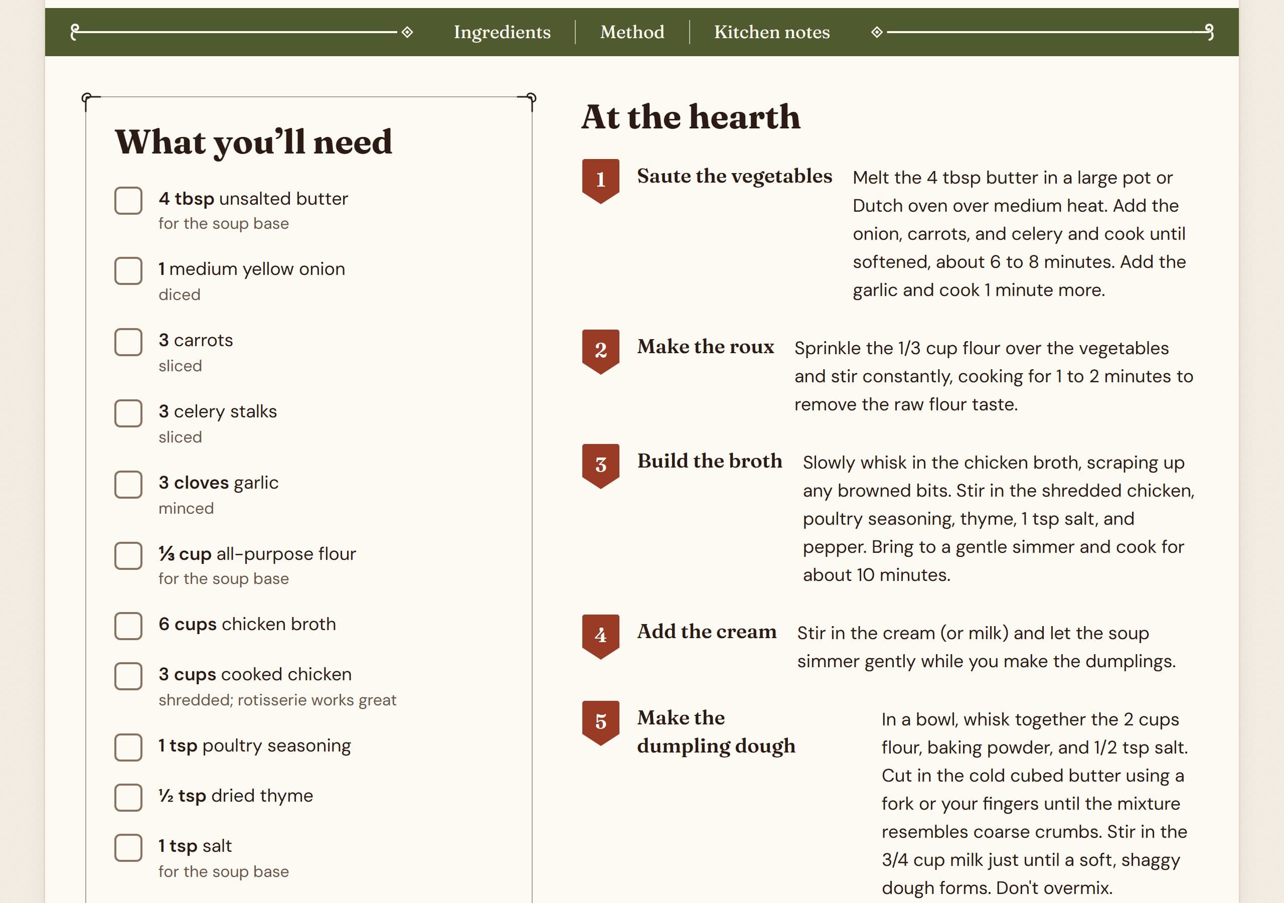 A recipe page: the ingredient checklist beside numbered steps